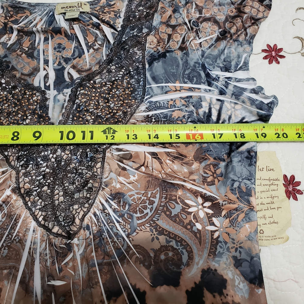 ONE WORLD Women's Floral Blouse - Blue and Tan - Picture 5 of 6